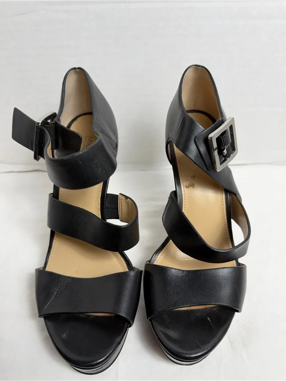 Michael Kors Black Leather Strappy Heeled Sandals with Silver Buckle